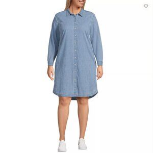 Lands' End Women's 14-16 Light Wash Blue Denim Long Sleeve Shirt Dress Western